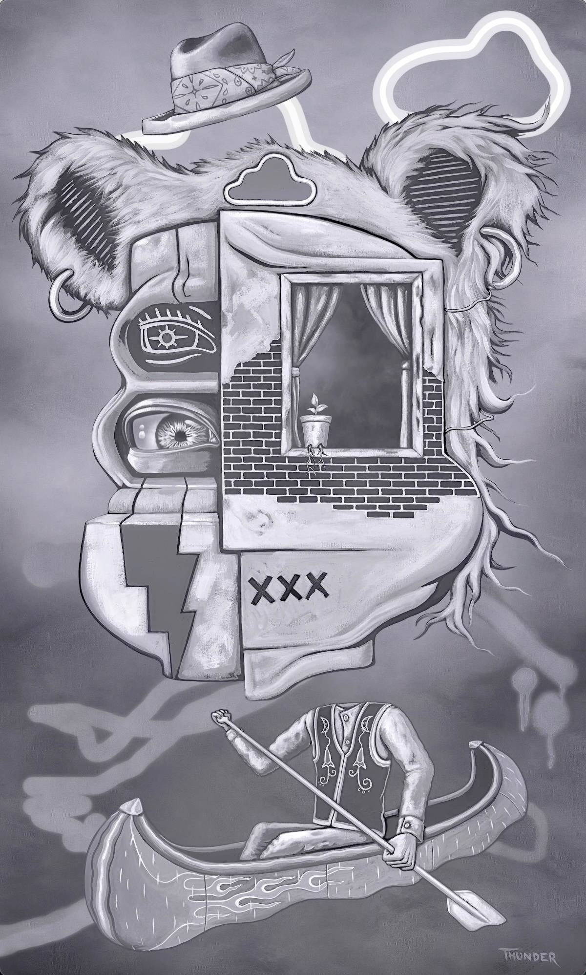 Still shot of an animated work of art of a figure with a bear shaped head in a canoe.